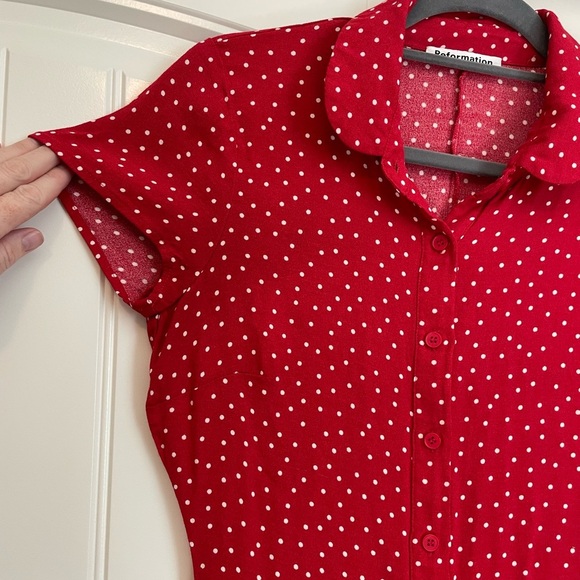 Reformation Noble Dress red white polka dot short sleeve button down size 8 - Picture 7 of 10